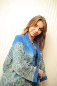 Pure Crepe Short Kimono Duster Jacket Cardigan Cape Loose Robe Blue PS KMS3079 - Picture 1 of 10