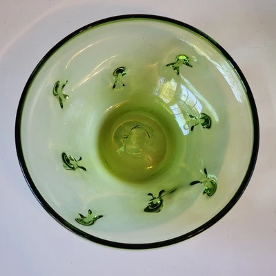 Soplado a Mano MCM Tazón Verde Arte Vidrio 10" Diseño Pellizcado Mesa Decoración Pontil Foto 1 de 4