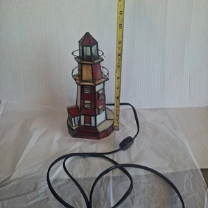 Vintage Stained Glass Lighthouse Night Light Red Accent Table Lamp - Picture 1 of 9
