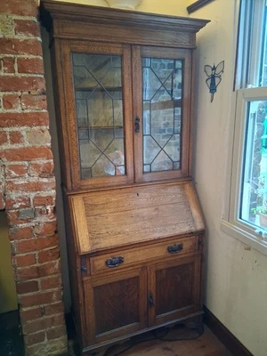 Quality Arts & Crafts Astragal Glazed Bureau Bookcase Early 20th c Solid Oak  - Image 1 of 4