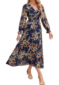 Women's 2025 Floral Summer Maxi Dress, Spring Long Sleeve V-Neck Empire Waist... - Picture 1 of 6