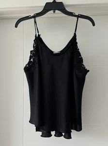 Intimately Free People Size M Black Satin Cami Flowers Lace Trim Tank Top - Picture 1 of 7