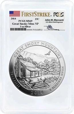 ATB 2014 5 OZ plata Great Smoky MTNS GRADUACIÓN PROFESIONAL MS69 First Strike Mercanti Signature Foto 1 de 2