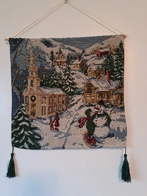 Christmas Tapestry Wall Hanging Vintage Village Church Snowman 15x15 Inch - Image 1 of 4