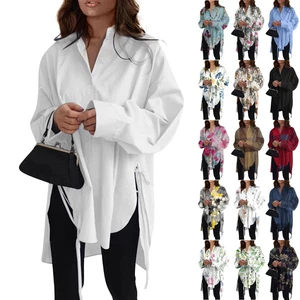 Women Lapel Shirt Solid Color Long Sleeve Blouse Basic Tee Tunic Pullover Top - Picture 1 of 10