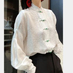 Lady Casual Puff Long Sleeve Tops Shirt Blouse Mandarin Collar Loose Blouse Top - Picture 1 of 9