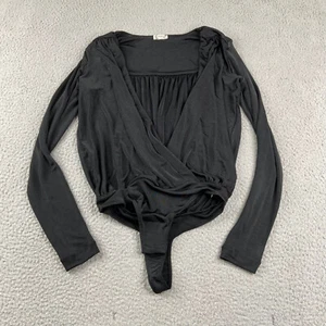 Intimately Free Top Womens Small Black Turnt Bodysuit Thong Long Sleeve Draped - Picture 1 of 14