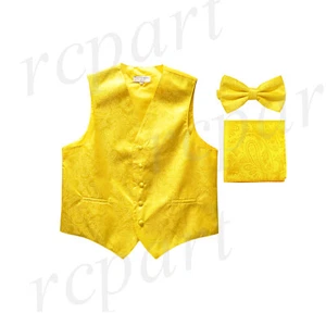 New wedding formal Men's paisley Tuxedo Vest Waistcoat_Bowtie & Hankie Yellow - Picture 1 of 6