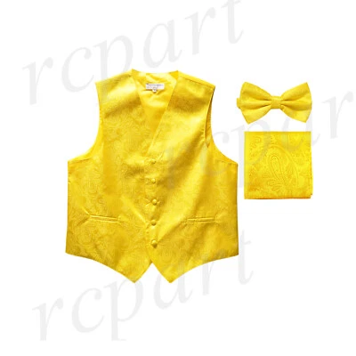 New wedding formal Men's paisley Tuxedo Vest Waistcoat_Bowtie & Hankie Yellow - Image 1 of 4