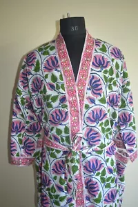 New Lightweight Cotton Kimono Hand Block Print Robe Sleep wear Dress Summer 2k24 - Picture 1 of 4