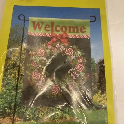 Welcome Peppermint Wreath Christmas Decorative Garden Suede Flag 18x12.5 - Image 1 of 3