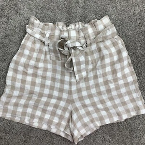 A New Day Paperbag Short Women Size S Tan White Elastic Waist Linen Blend Check - Picture 1 of 9