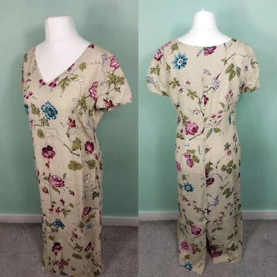 Vintage Laura Ashley 100% Linen Beige Floral Maxi Dress UK 16 - Image 1 of 4