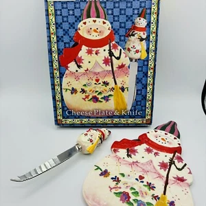 JIM SHORE "WINTER FOLK" Snowman Cheese Plate & Knife Charcuterie Board Christmas - Picture 1 of 11
