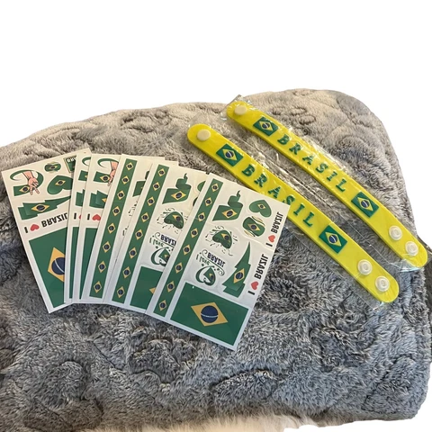 Brazil FIFA World Cup 2022 Lot Of 2 Silicone Snap Bracelets & 6 Pack Of Tattoos Cover