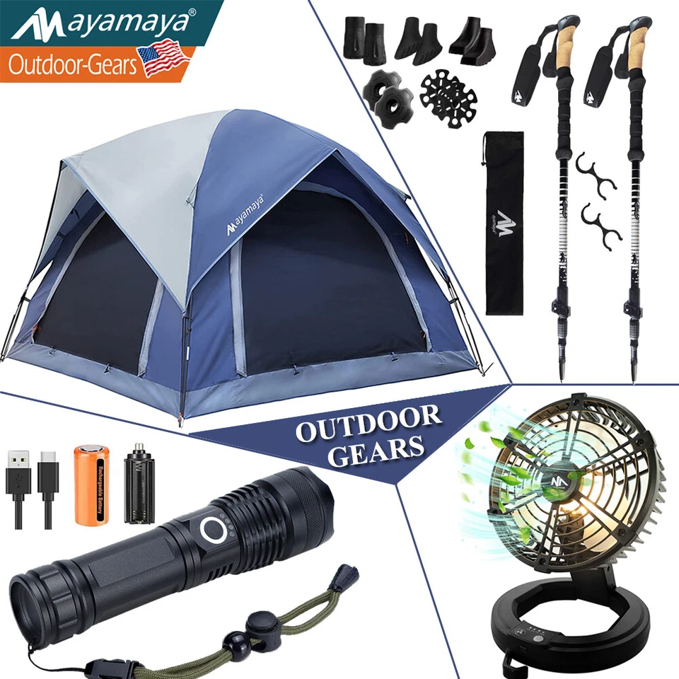 AYAMAYA 4 Person Camping Tent &Trekking Poles &Portable Tent Fan w/LED Light &Flashlight