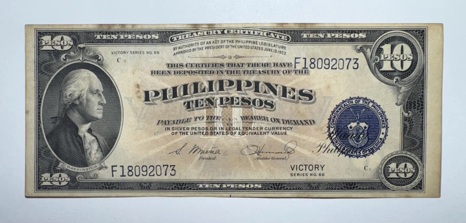 1944 Philippines Ten 10 Pesos Treasury Certificate Victory Series No. 66  - Image 1 of 2