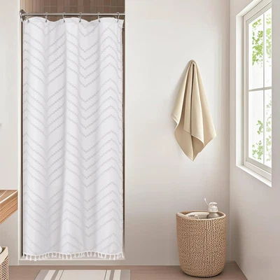 Cortina de Ducha Boho Stall 36x72 con Borla Diseño Chevron, Lavable a Máquina Foto 1 de 4