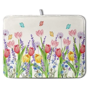 Spring Floral Dish Drying Mat for Kitchen Counter Tulip Lavender Flower Dishe... - Picture 1 of 7