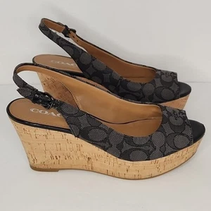 Coach Sandals Women 8.5 Signature Platform Cork Wedge Slingback Ferry - Picture 1 of 12