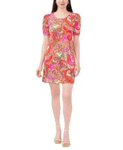 MSK Petite Printed Puff-Sleeve A-Line Dress Fuchsia Size PM Style 91102376M - Picture 1 of 4