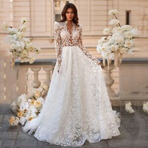 Top See Through Lace Wedding Dresses Long Sleeves Round Neck A Line Bridal Gowns