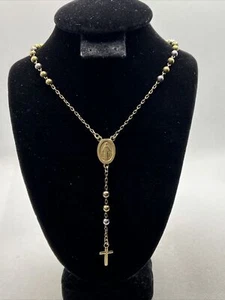 ITALY 10K (417) Two Tone Gold Religious ROSARY Chain Necklace Charm Pendant 8.2g - Picture 1 of 12