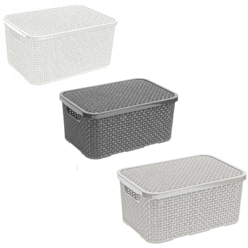 Storage Basket Boxes Rattan Style with Lid Cream or Grey - Image 1 of 1