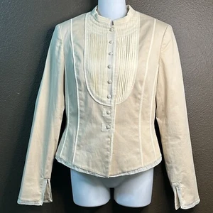 CALVIN KLEIN Beige Pleated Bib Lined Fitted Jacket Size 8 Mandarin Collar 3725 - Picture 1 of 13