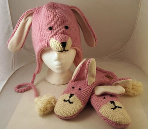 deLux Pink Bunny Rabbit HAT & MITTENS knit set ADULT womens FLEECE LINING cap - Picture 1 of 4