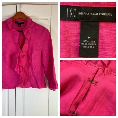 INC International Concepts Hot Pink 100% Linen Ruffle Lightweight Jacket Medium - Image 1 of 4