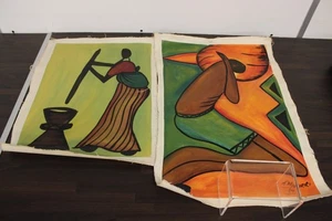 A Pair of African Folkart? Paintings By T. Maziriri On Canvas Cloth Unframed - Picture 1 of 6