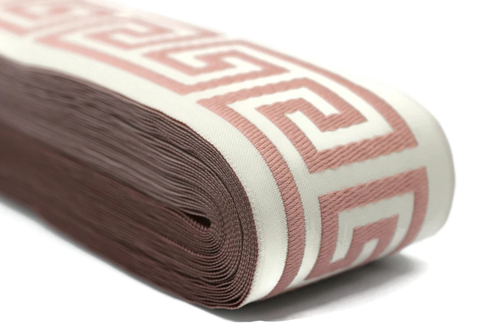 16 yardas de largo 2,67 pulgadas de ancho rosa y beige llave griega ribete jacquard... Foto 1 de 4