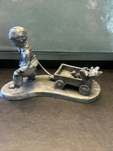 International Pewter Robert Drury 1973 Vintage Child Pulling Wagon & Teddy Bear - Picture 1 of 4