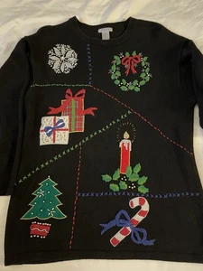 Women's Large Christmas SHIPN'SHORE SPORT Pullover Sweater Holiday Black EUC - Picture 1 of 11