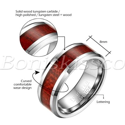 Alianza de boda de carburo de tungsteno con incrustaciones de madera para hombres y mujeres ajuste cómodo Foto 1 de 4