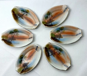Set of 6 Vintage Nippon SALT CELLARS Hand Painted Sunset Lake Scene Gold Trim - Picture 1 of 7