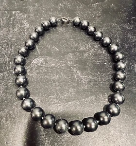18” Crystal Pearl Choker Necklace Hand Knotted - 10mm Deep Sea Green - Picture 1 of 5