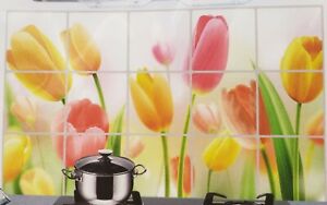 STOVE BACKSPLASH STICKER / WALL DECAL (35" x 23") PINK & YELLOW TULIPS FLOWERS