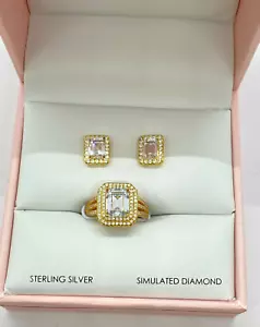 QVC Diamonique 14K Gold Clad Bridal Ring Size 10 & Earrings Set Boxed - Picture 1 of 8