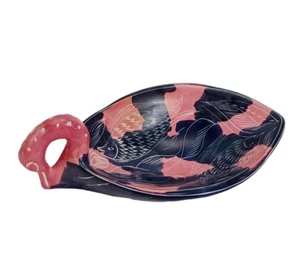 Carved Soapstone Swan Trinket Jewelry Dish with Etched Fish Design - Picture 1 of 8