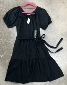 GAP schwarzes Jersey Strick Stufen Kleid Taille Bindeband U-Ausschnitt entspannt Puffärmel Gr. M - Bild 1 von 7