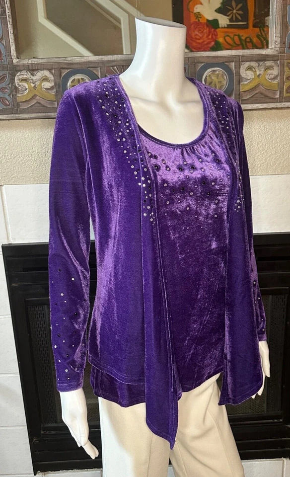 Cárdigan Completely Me by Liz Lange XS púrpura Topper terciopelo cuentas Foto 1 de 4