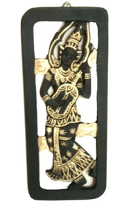 Wood Carved Wall Art Panel Small Black Thai Angel Vintage mandolin Gold trim - Picture 1 of 16