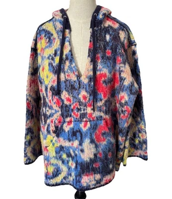 Anthropologie FuzzySweater Women Blue Multicolor Hooded Boho Cottagecore Sz L/XL - Image 1 of 4