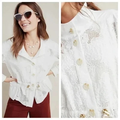 Anthropologie Eyelet Anorak Drawstring Jacket white MED cinch waist casual - Image 1 of 4