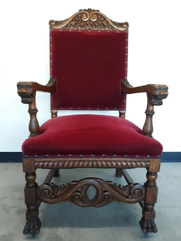 Vintage wood lion head & velvet upholstered armchair, high back mint condition Cover