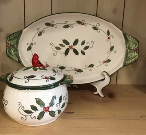 Temptations Cardinal And Holly By Tara Platter And Bowl With Lid NEW - Picture 1 of 13