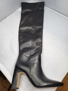 ZARA BLACK XL OVER THE KNEE THIGH HIGH ROUND TOE LEATHER BOOTS 6.5 EU 37  DEFECT - Picture 1 of 12