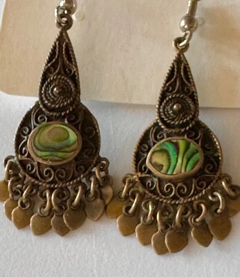 Висячие серьги с абалоном люстра каплевидные антикварные металлические филигранные в стиле бохо - Изображение 1 из 4